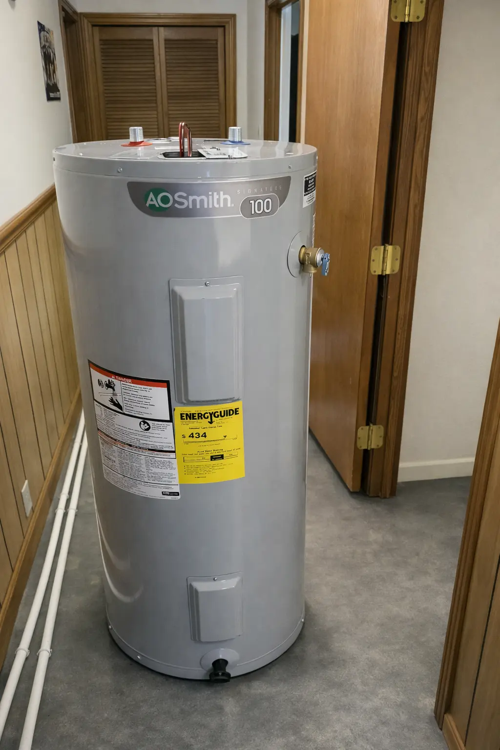 Residential Plumbing -New electric tank water heater positioned for installation in a residential home in Claxton, Georgia.